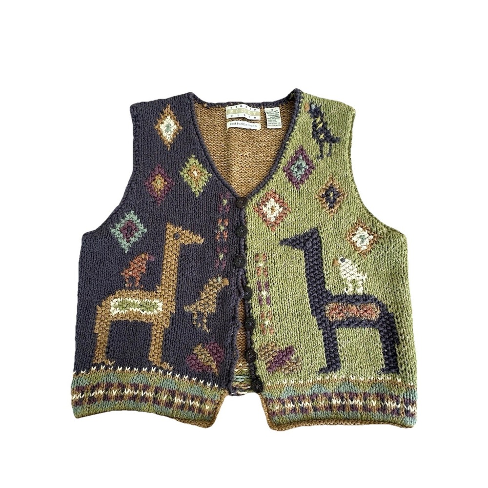 Sigrid Olsen Sport Knit Sweater Vest VTG Novelty Lamas Birds Green Tan Size S
